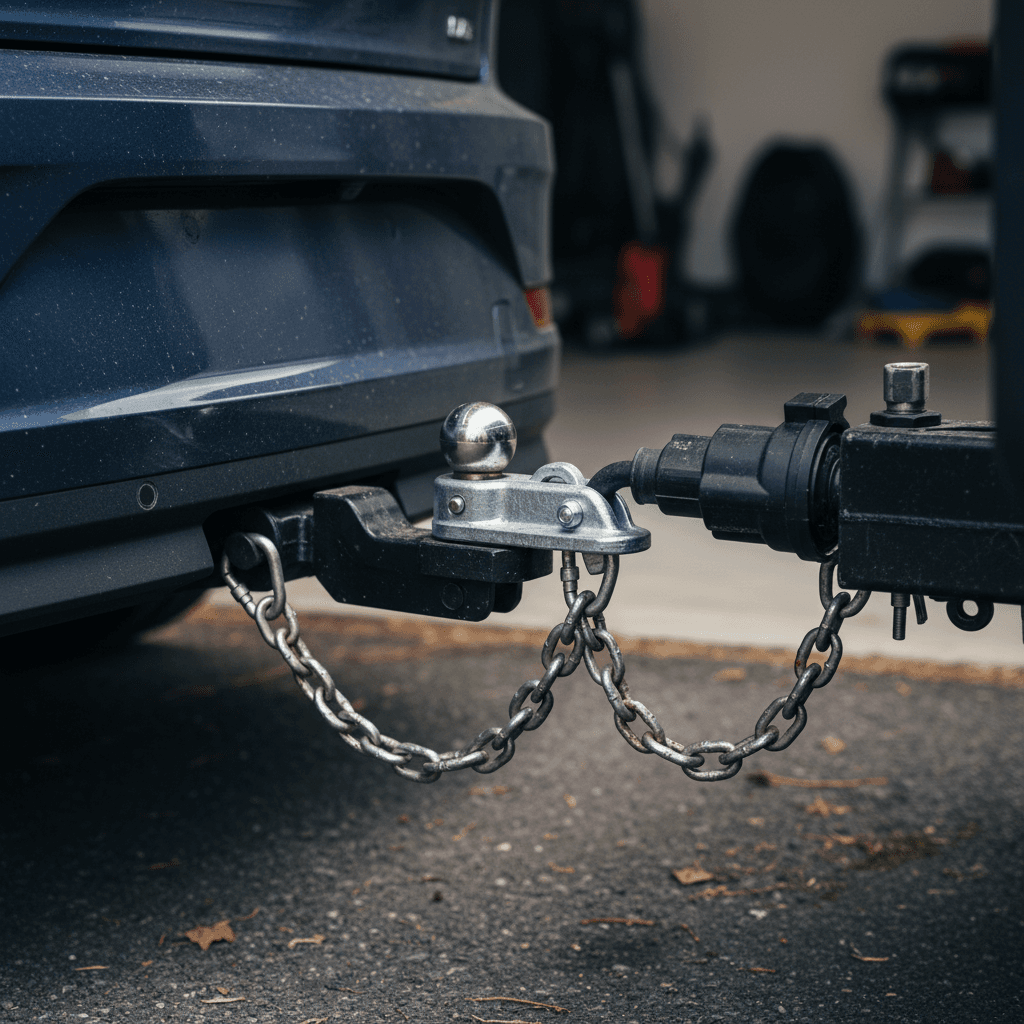 Polestar 2 factory tow hitch connected to a small trailer, showing proper chains and wiring routing