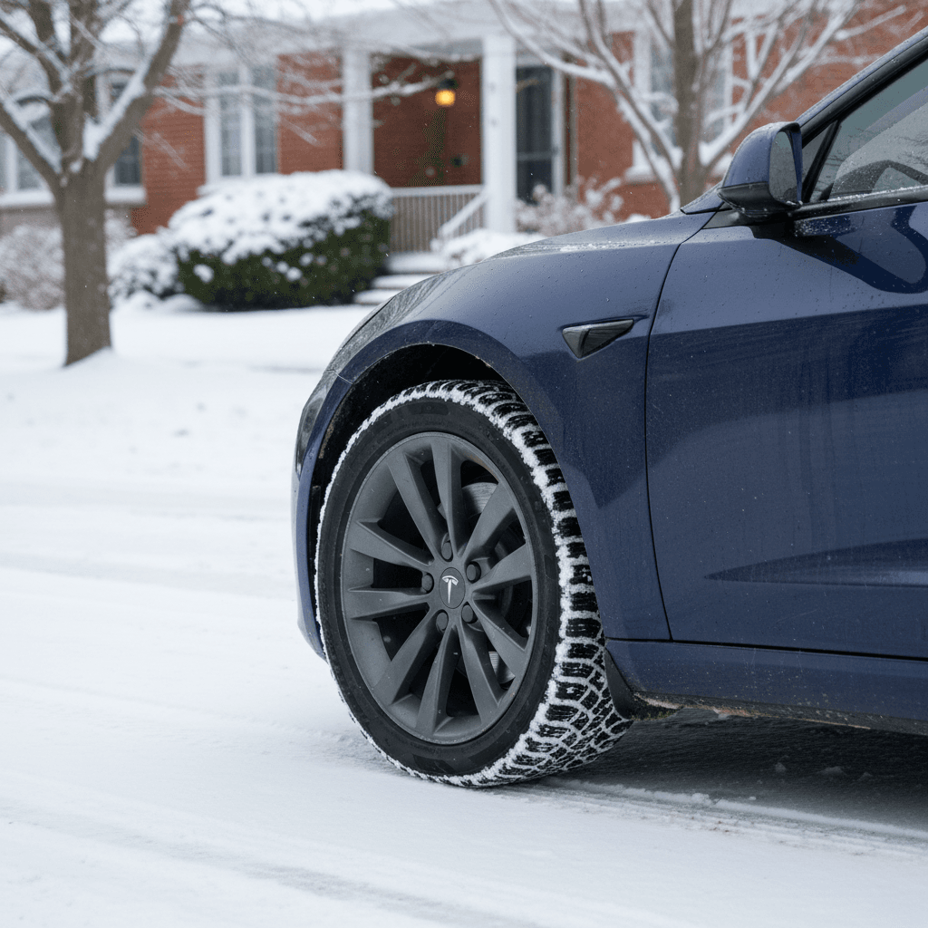 Tesla Model 3 on winter tires parked on a snowy neighborhood street, showing tread pattern and ground clearance