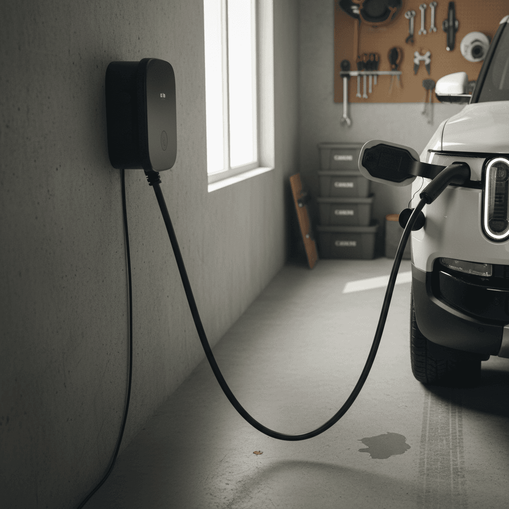 Wall mounted Level 2 home EV charger with cable connected to an SUV in a tidy residential garage
