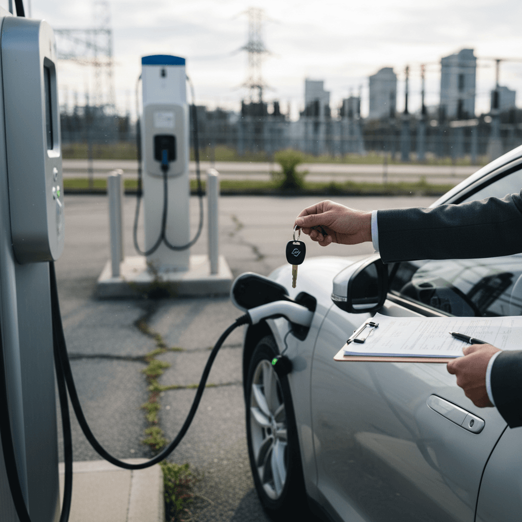 Seller and buyer standing next to an electric car at a charging station, reviewing sale paperwork on a clipboard