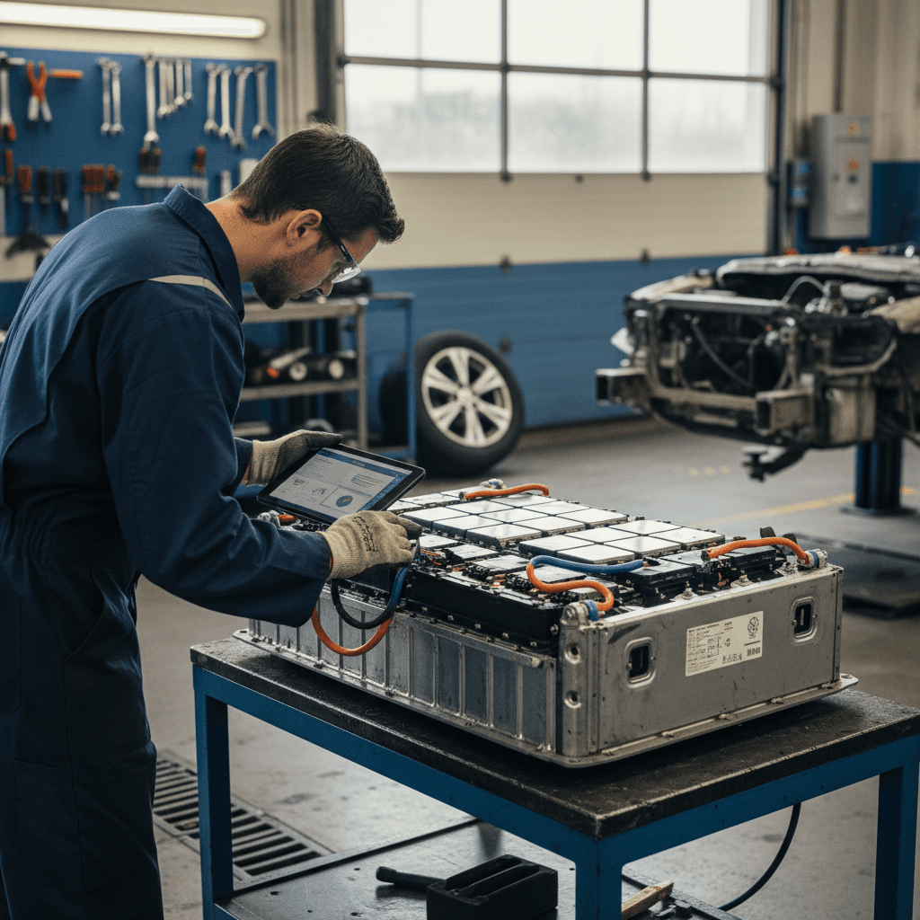 Technician inspecting the battery area underneath an electric vehicle on a lift