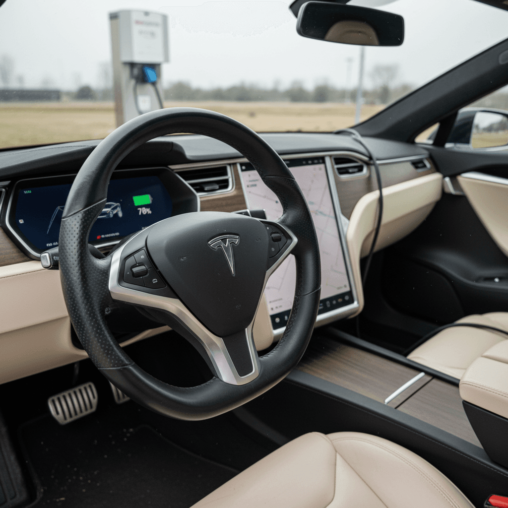 2021 Tesla Model S interior showing yoke steering wheel and large touchscreen while the car is parked and charging