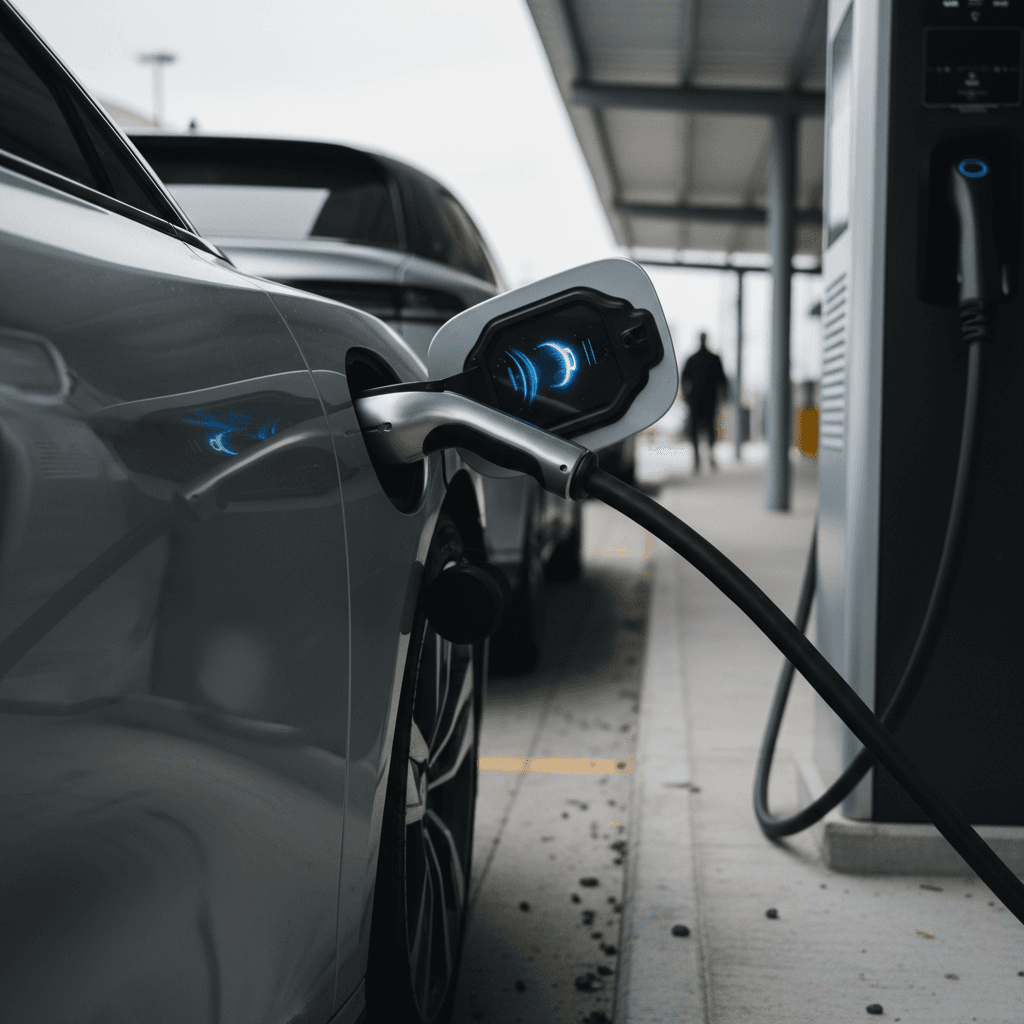 Lucid Air connected to a high-power DC fast charger showing charging status on the screen