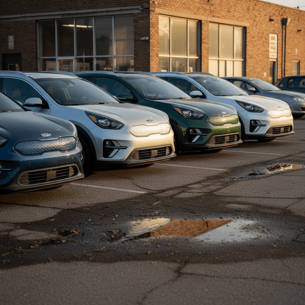 Lineup of several Kia Niro EVs from different model years parked diagonally to show styling changes across generations