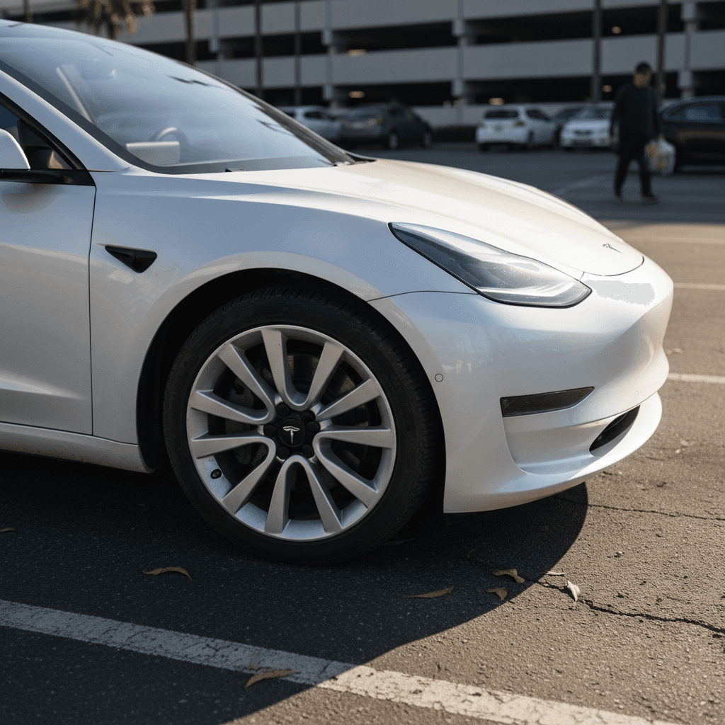 2023 Tesla Model 3 parked in a lot, highlighting build quality details around the front bumper and wheels