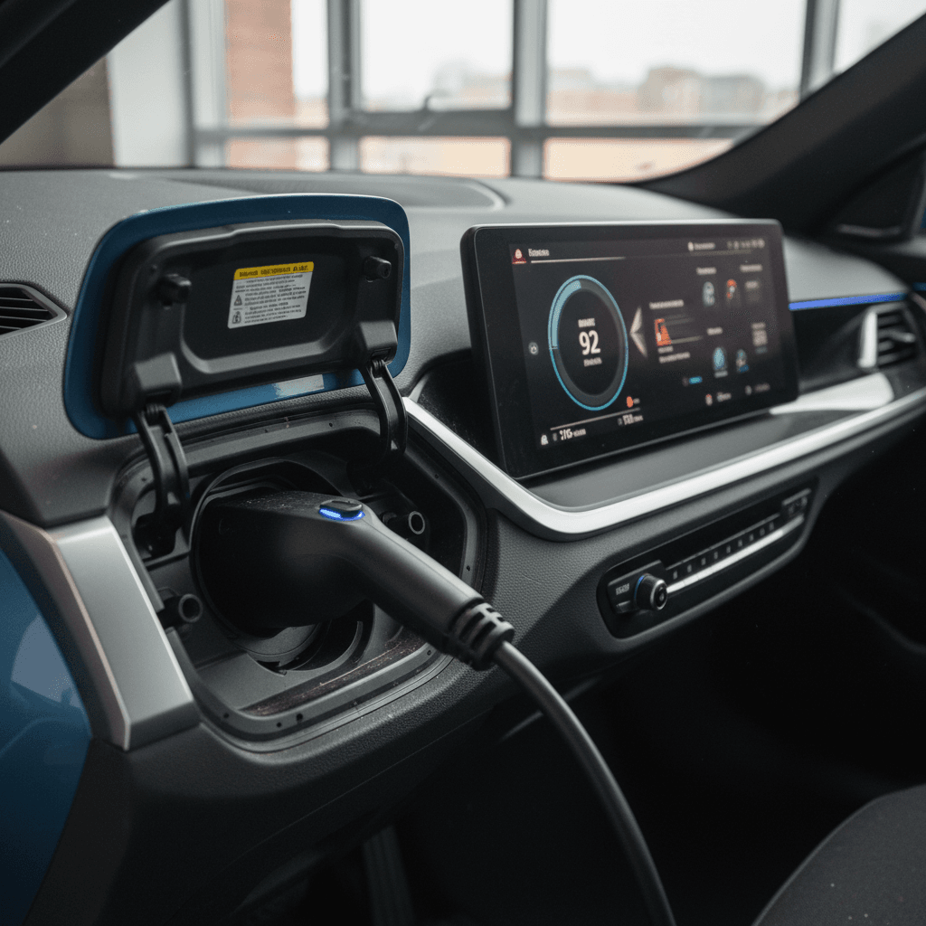 Interior of a 2024 BMW i4 showing the digital display with range estimate and an EV charging cable plugged in.