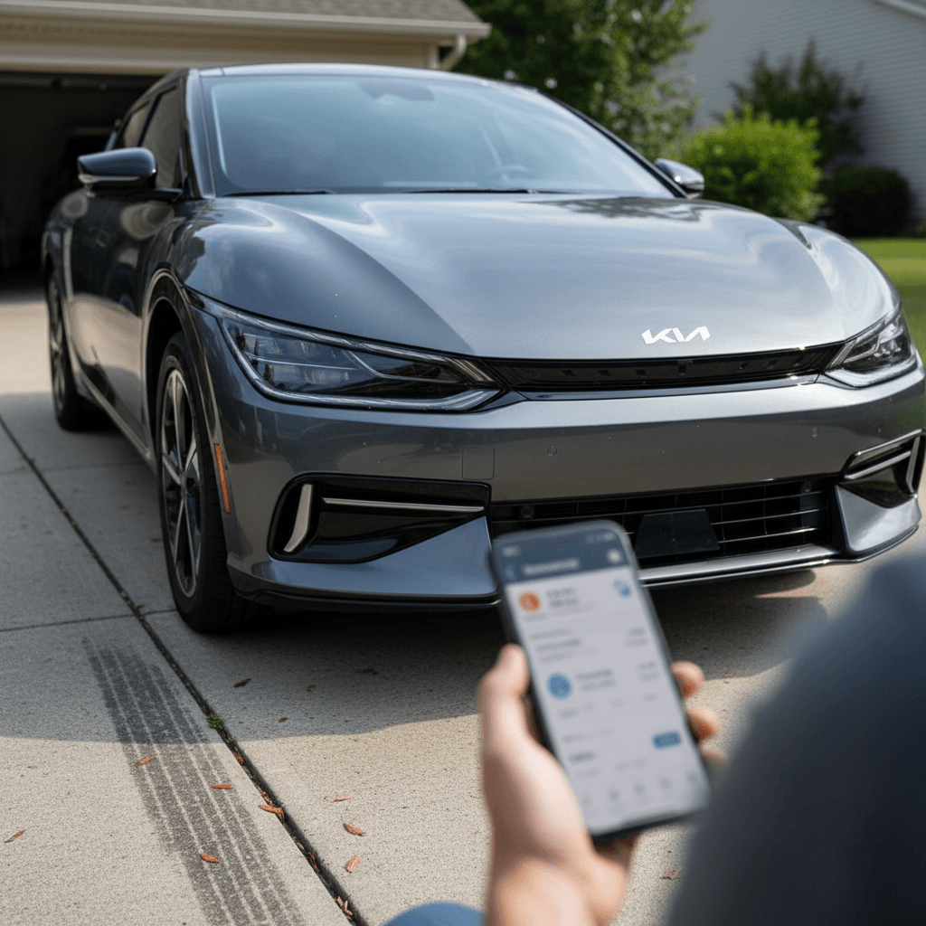 Kia EV6 parked in a driveway while the owner reviews insurance options on their phone