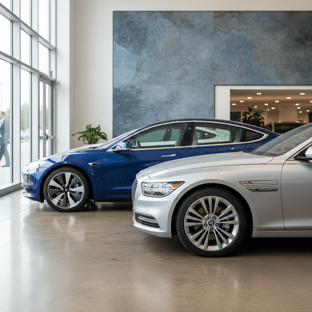Side-by-side view of a Tesla Model 3 and Genesis Electrified G80 in a showroom, highlighting their size difference and body styles