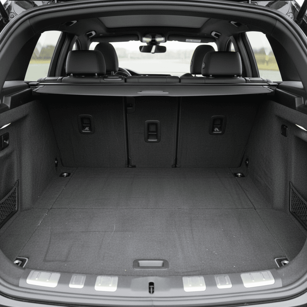 BMW i4 rear cargo area with the rear seats folded flat, showing an extended load floor from hatch to front seats