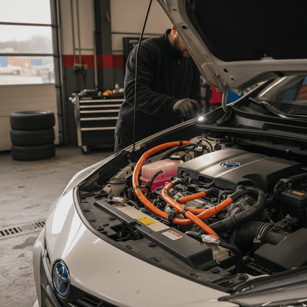 Technician inspecting the high-voltage components and wiring of a Toyota Prius Prime in a service bay