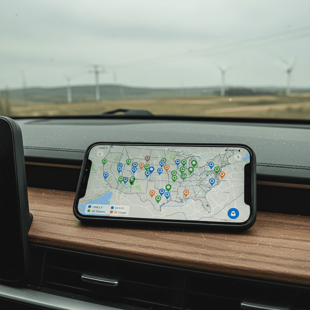 Family plugging in an electric car to a home charging station in a US garage