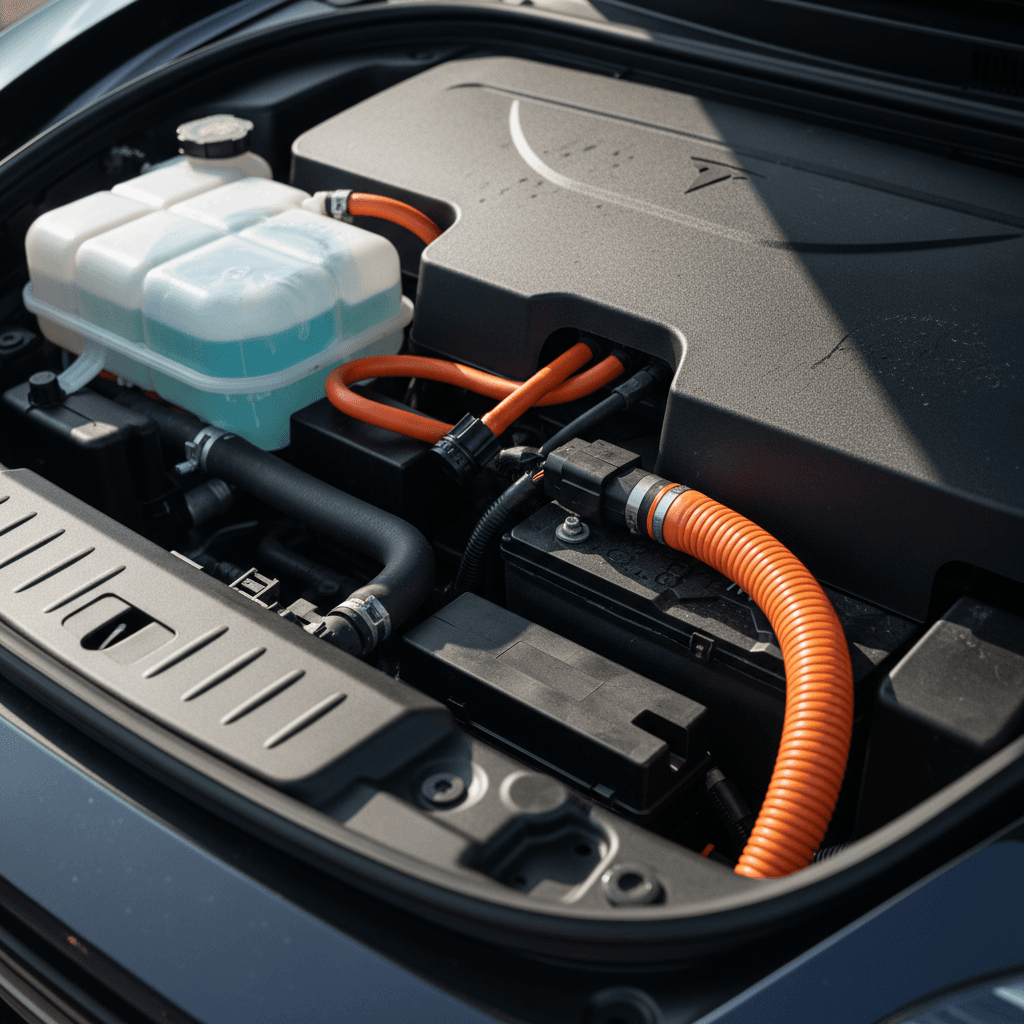 Technician inspecting the Tesla Model Y coolant reservoir and high-voltage cooling lines in the front trunk area during service