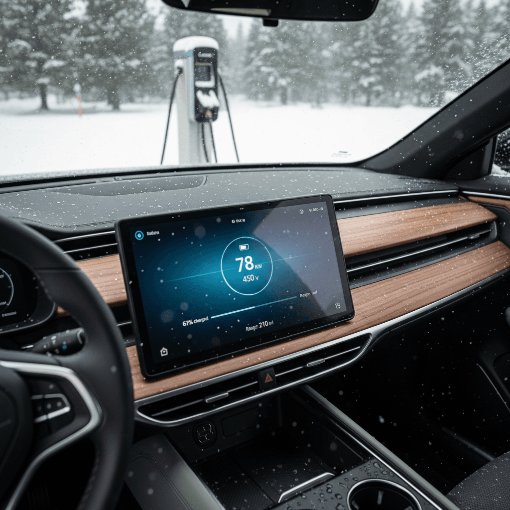 Lucid Air plugged into a DC fast charger on a snowy day, with the center screen displaying winter energy consumption