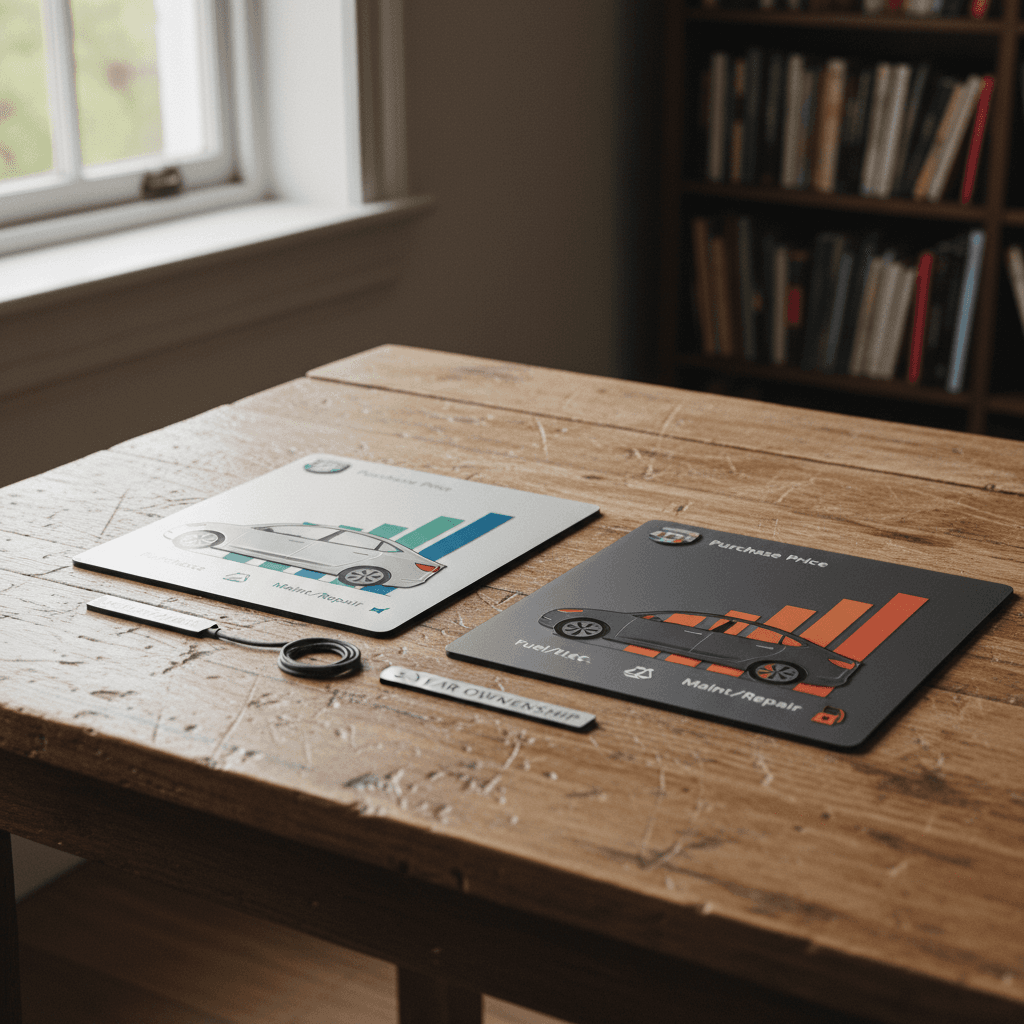 Side-by-side comparison graphic of five-year ownership costs for a Tesla Model 3 versus a similar gasoline sedan