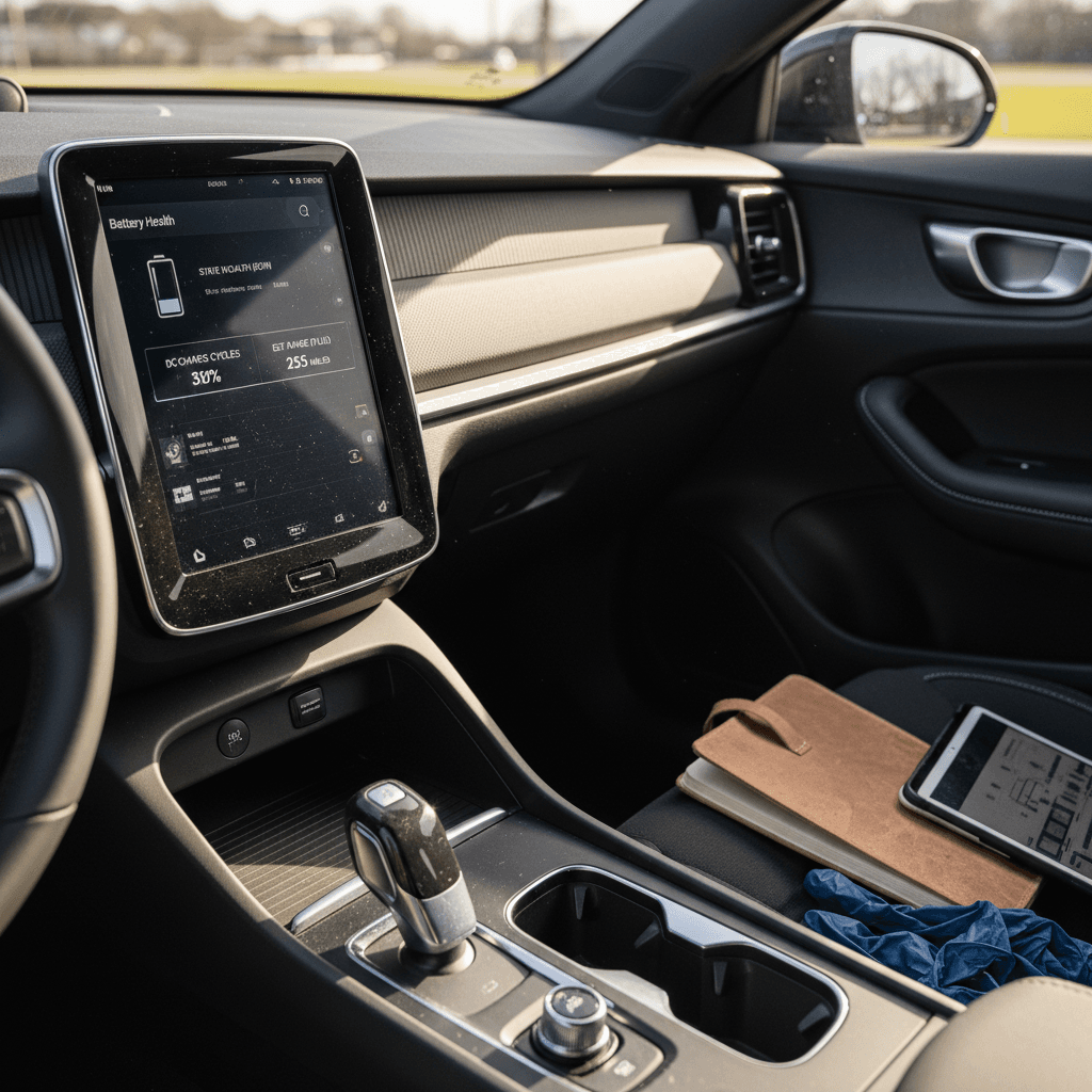 Buyer sitting in a Polestar 2 reviewing a digital checklist on the center touchscreen before purchase