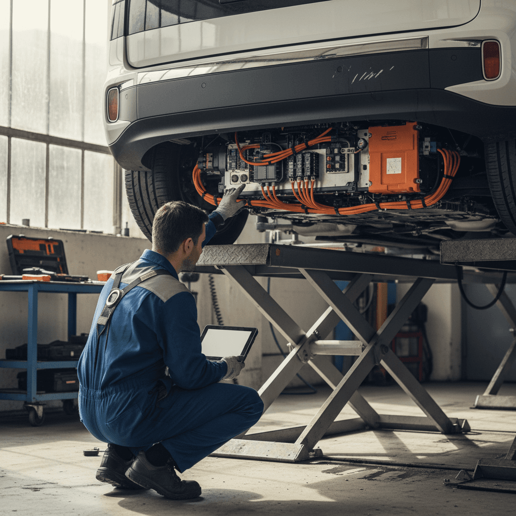 Technician inspecting the high-voltage battery pack under a Volkswagen ID. Buzz on a lift