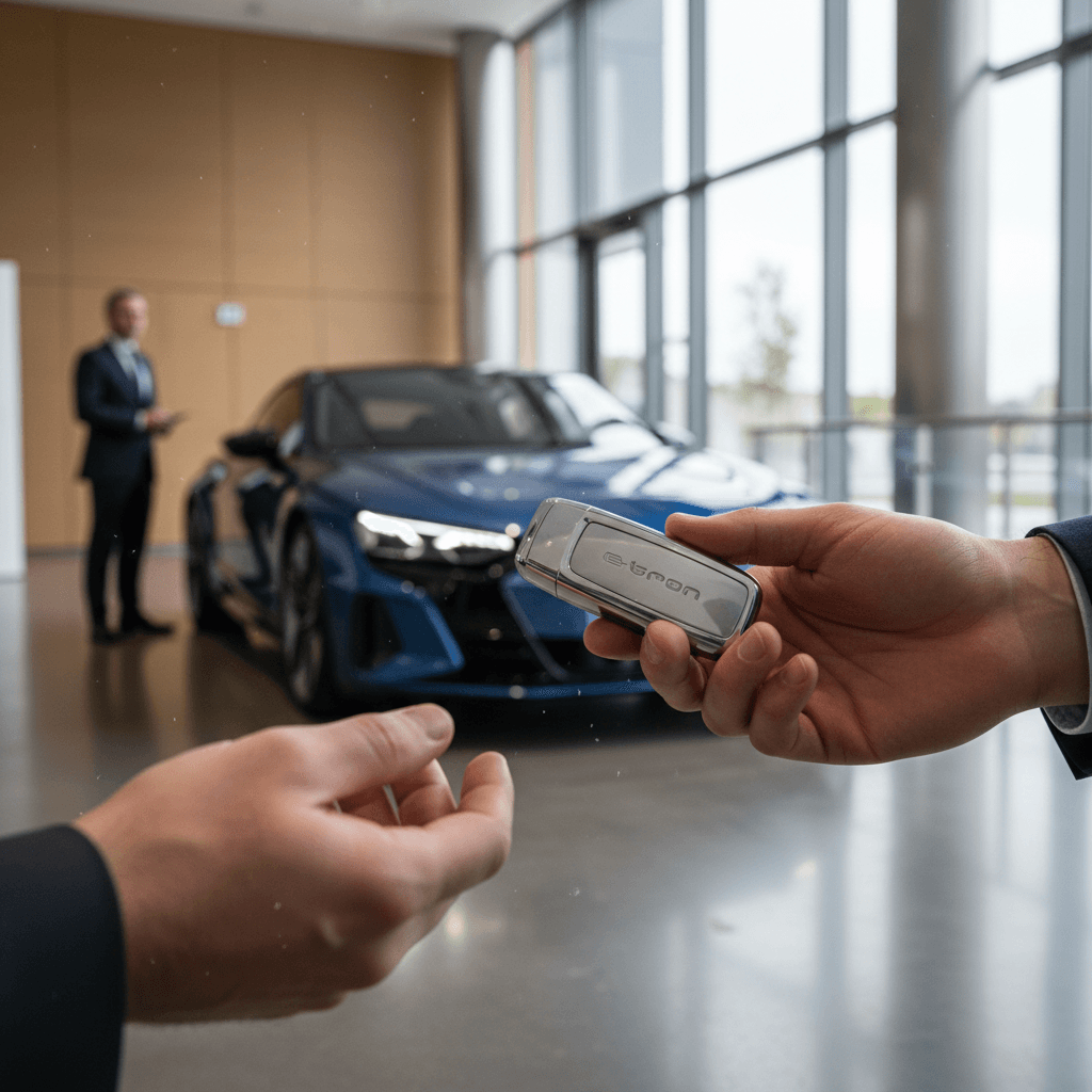 Seller and buyer finalizing paperwork for a used Audi e-tron GT sale inside a bright EV showroom
