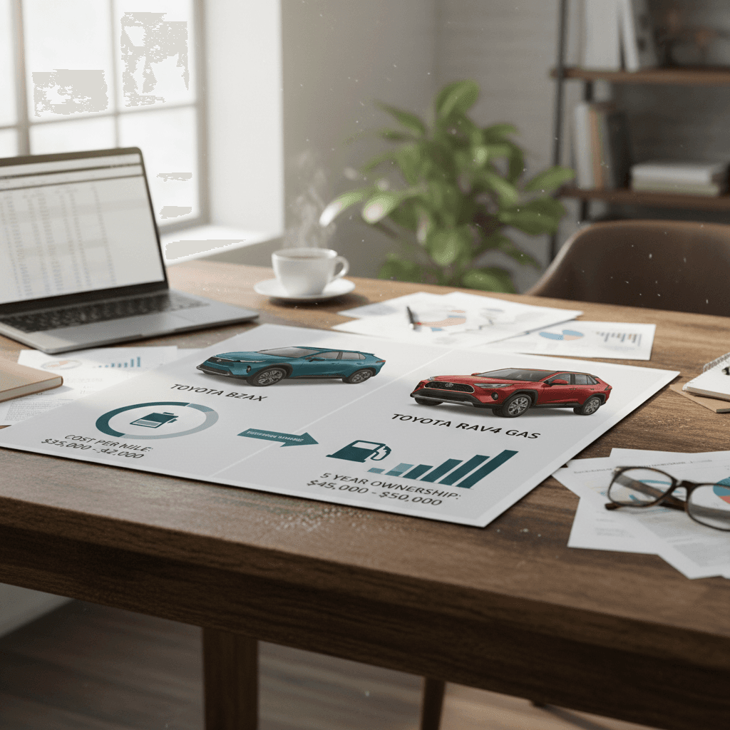 Side‑by‑side infographic illustration comparing estimated 5‑year total ownership costs for a used Toyota bZ4X and a used gas Toyota RAV4, highlighting energy, maintenance, and depreciation differences.