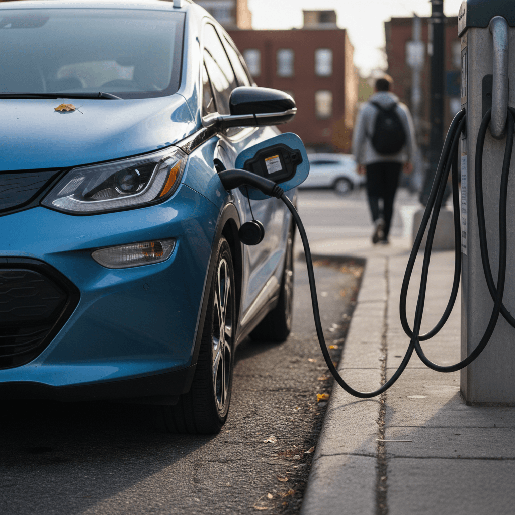 Close view of a 2022 Chevy Bolt EV front corner, showing the headlight, wheel, and charging port while connected to a public charger