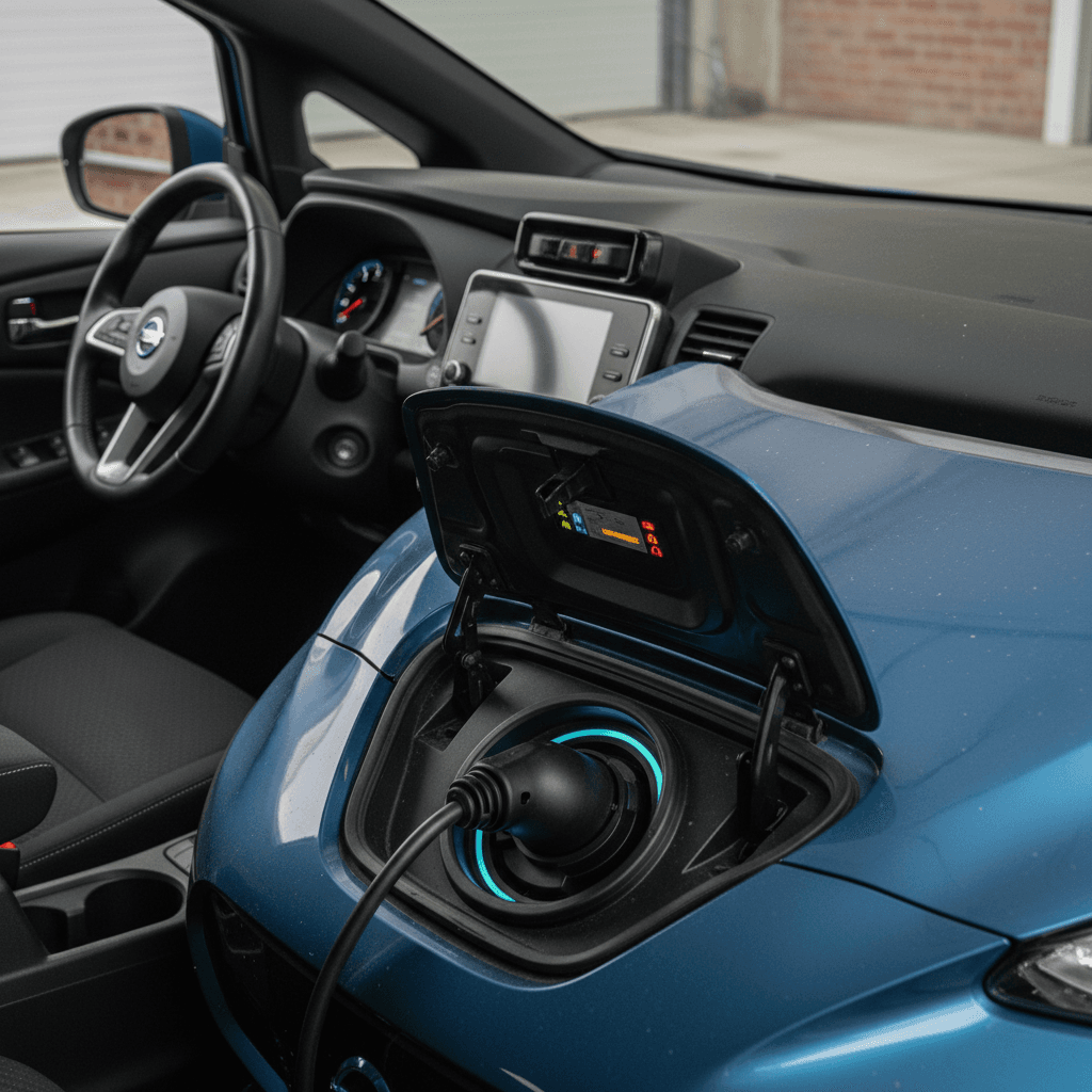 Instrument cluster of a Nissan Leaf showing warning lights and battery gauge while charging cable is plugged in