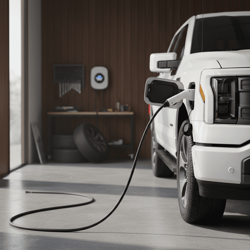 2022 Ford F-150 Lightning charging on a Level 2 home wall charger in a modern garage