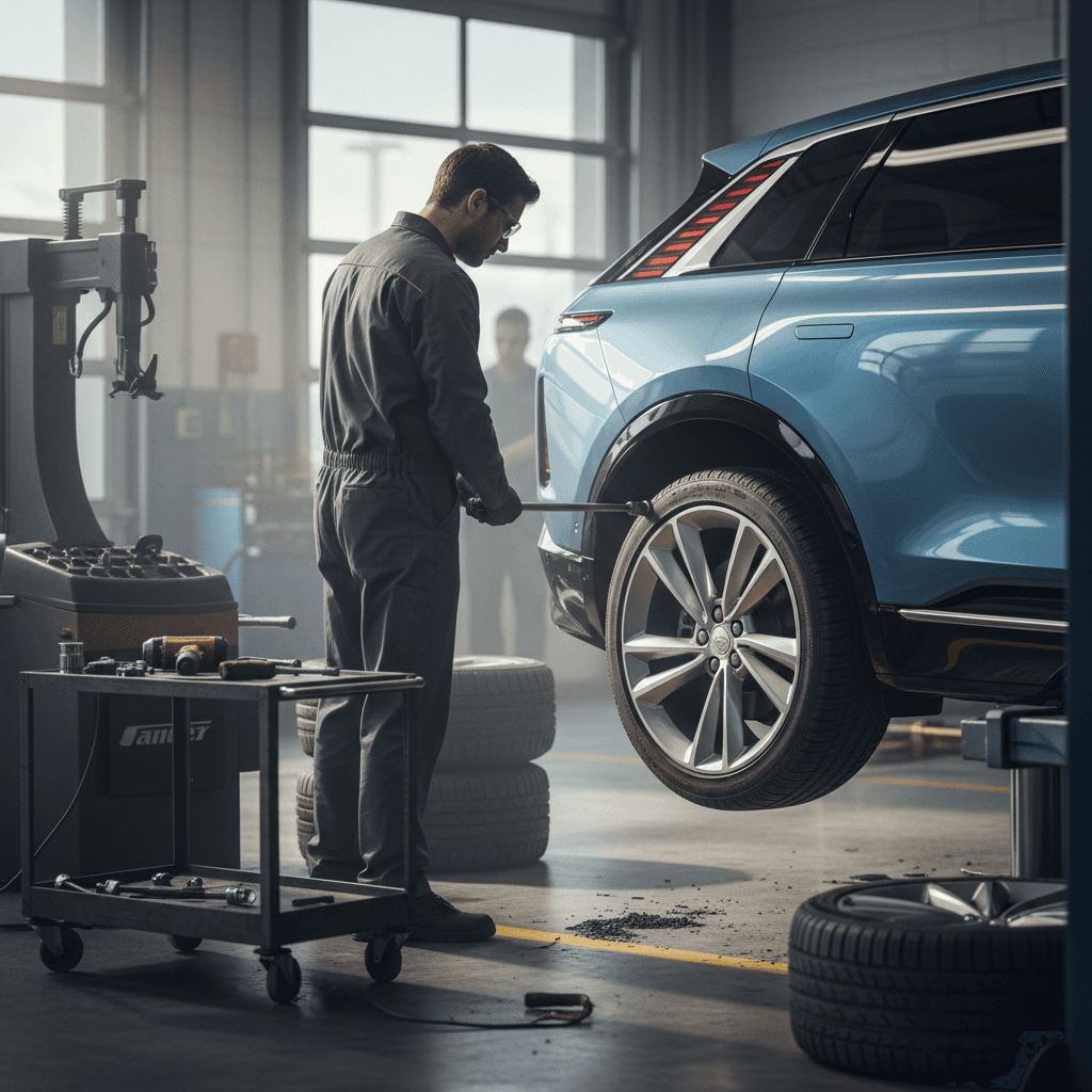 Technician rotating tires on a Cadillac Lyriq in a service bay