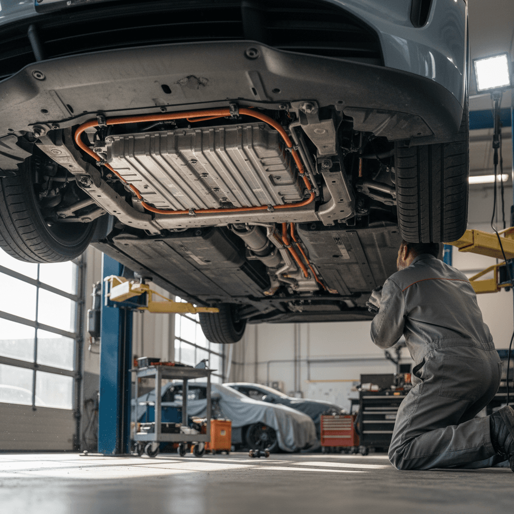 Porsche Taycan plugged into a DC fast charger, showing the open charge port on the front fender