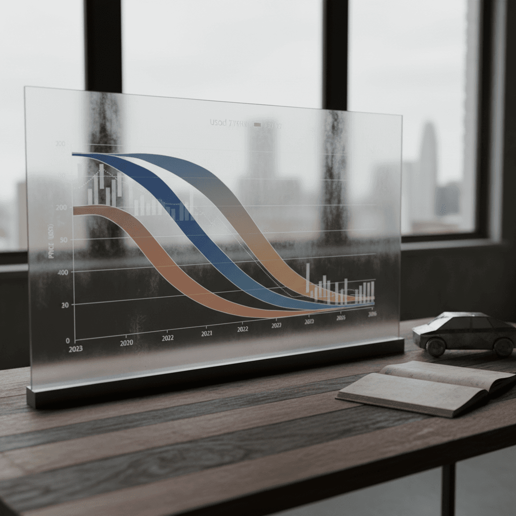 Estimated price bands for used Hyundai Kona Electric by model year, showing steeper drops in early years and flattening by 2026