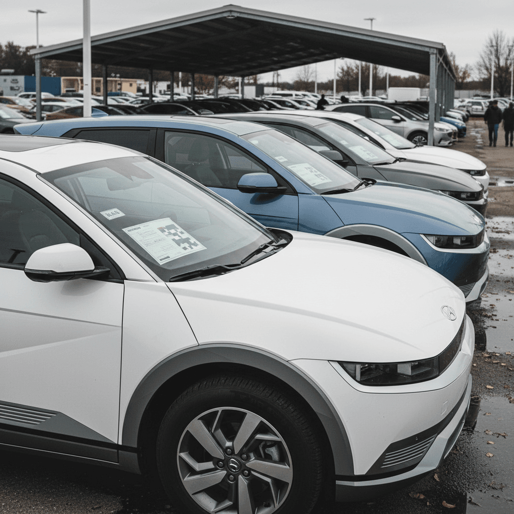 Line of used Hyundai Ioniq 5 electric crossovers parked on a lot with price stickers in the windows