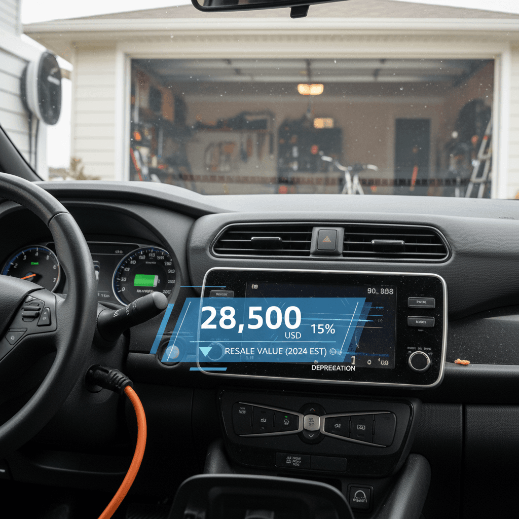 Used 2022 Nissan Leaf plugged into a home charger with price estimate overlayed on a tablet screen