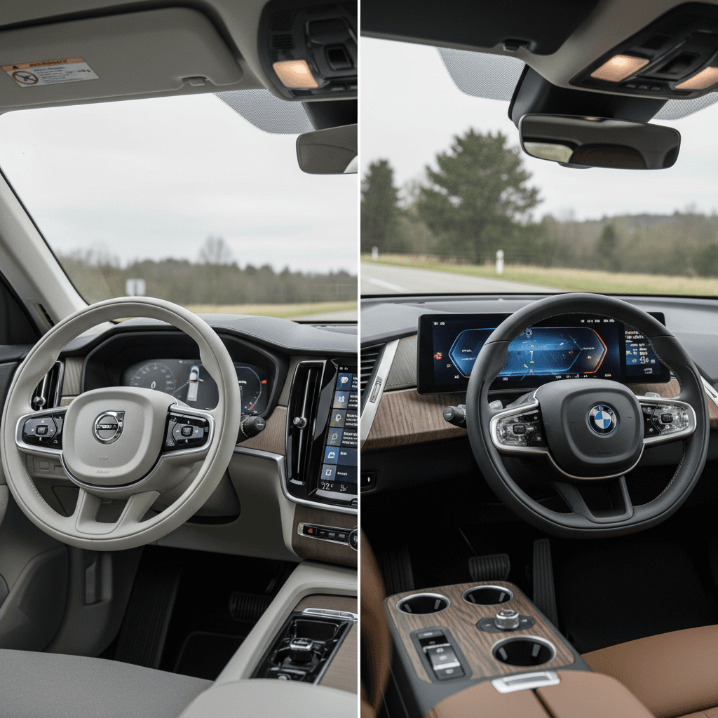 Side‑by‑side view of Volvo EX90 and BMW iX interiors highlighting digital driver displays and center screens