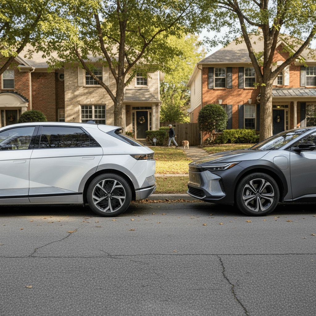 Side‑by‑side view of a Hyundai Ioniq 5 and Toyota bZ4X parked on a quiet suburban street, highlighting their size and styling differences