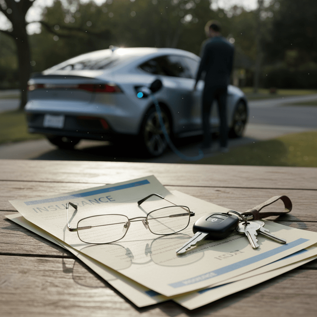 Senior driver reviewing insurance paperwork at a kitchen table while an electric car charges in the driveway outside the window