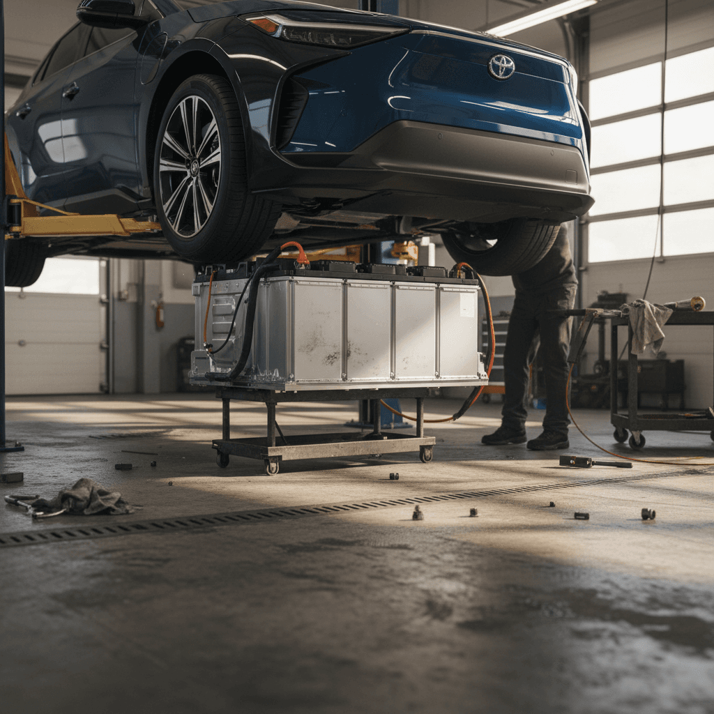 Technician in a service bay lowering the Toyota bZ4X high-voltage battery pack from the vehicle on a lift.