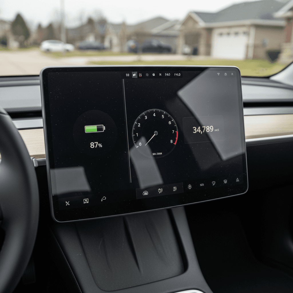 Interior of a 2025 Tesla Model 3 showing battery state of charge and mileage on the center screen before resale