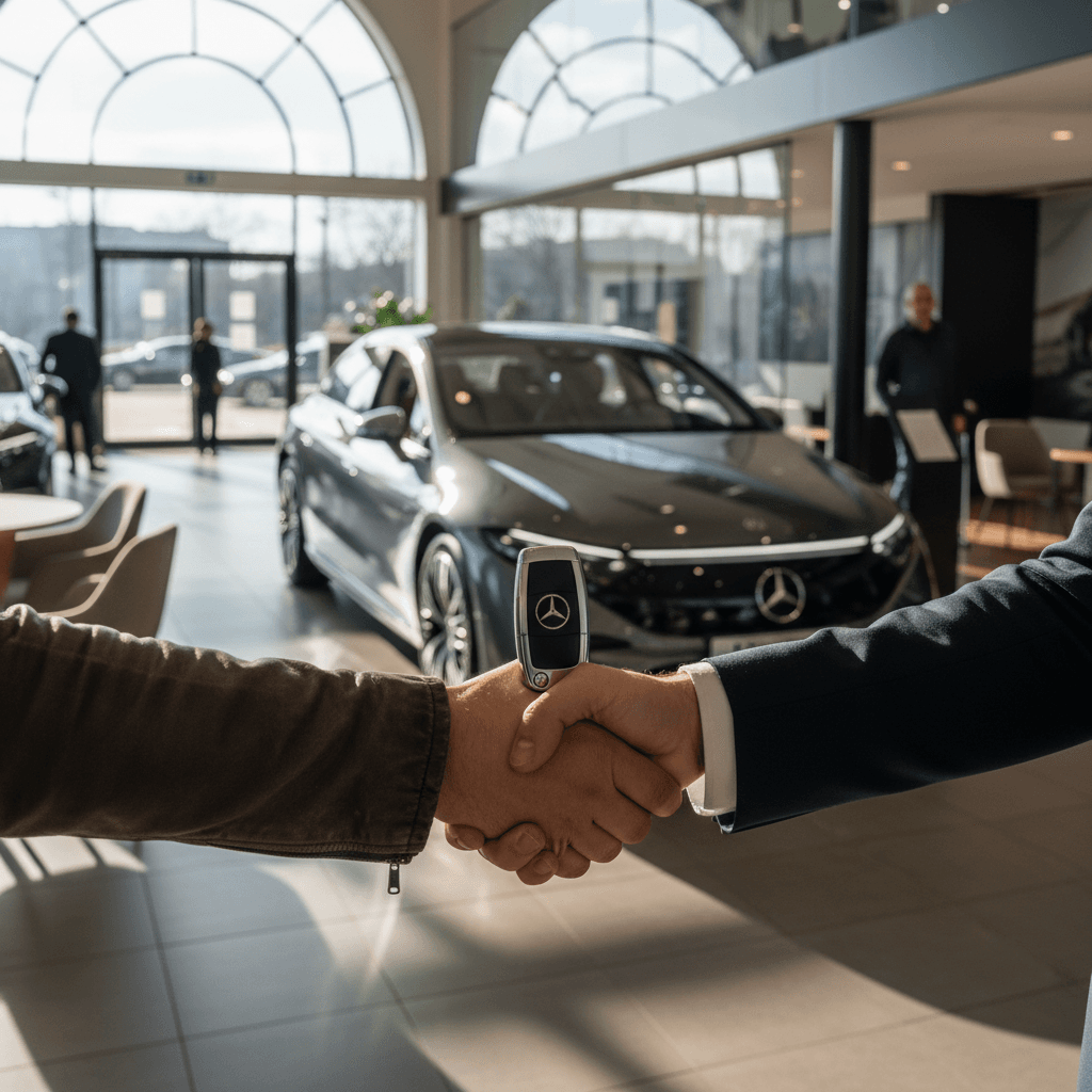 Seller discussing a Mercedes EQE battery health report with an EV specialist at a dealership desk