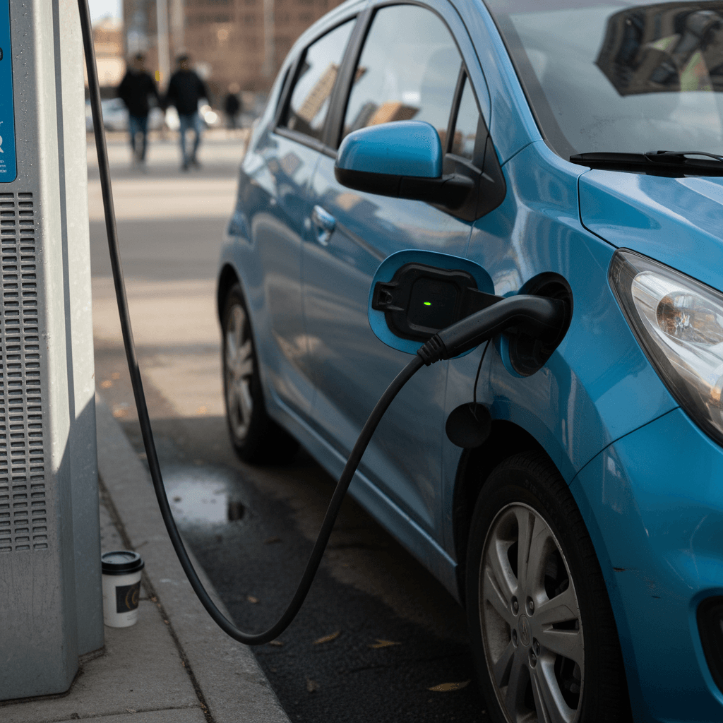 A small electric city car plugged into a public charging station