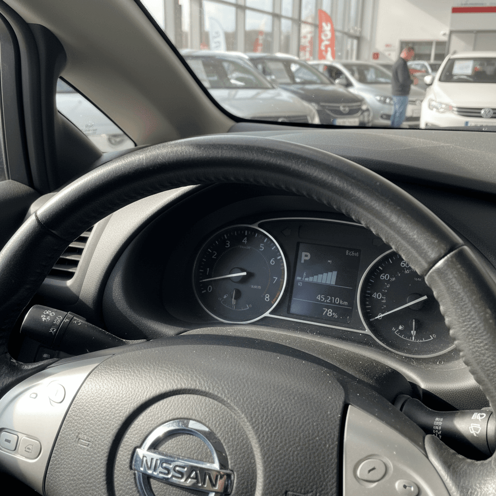 Used Nissan Leaf interior showing dashboard, infotainment screen, and battery gauge at a dealership