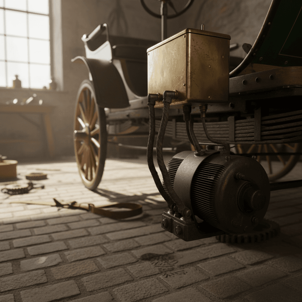 A 19th-century carriage-style electric car on display in a museum
