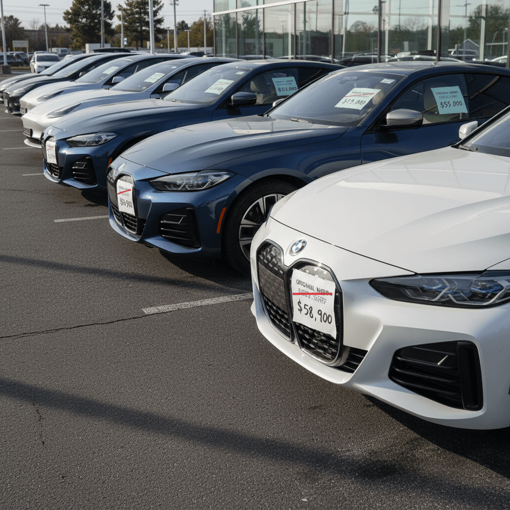 Row of used BMW i4 electric cars on a dealership lot showing asking prices on the windshields