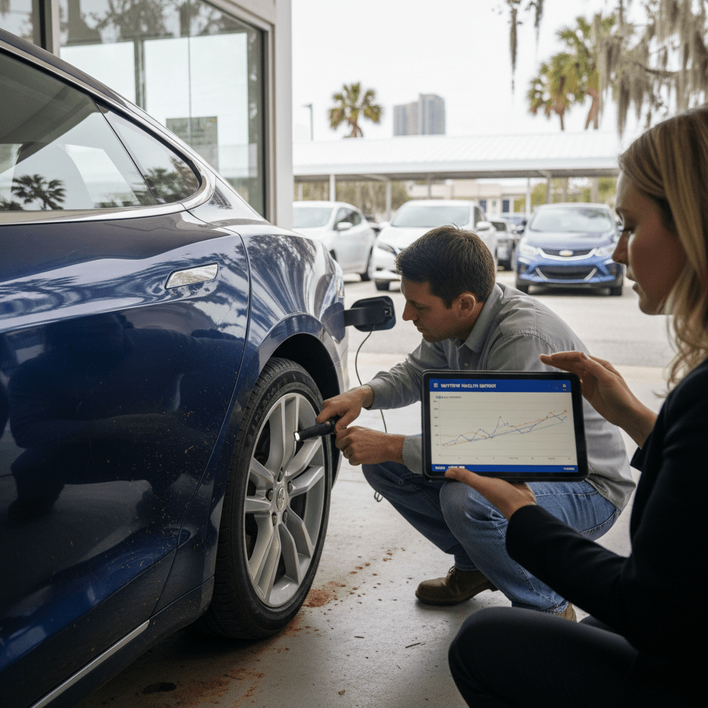 Car buyer and salesperson reviewing a used EV battery health report next to an electric car in Savannah