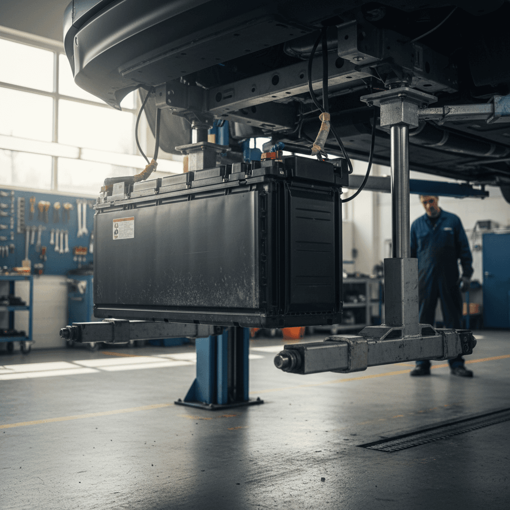 EV on a lift with its high-voltage battery pack removed for replacement by technicians