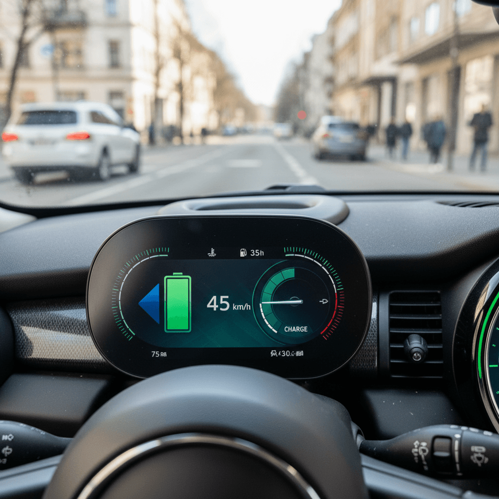 Digital gauge cluster of a 2022 Mini Cooper SE showing electric range and battery state of charge during city driving
