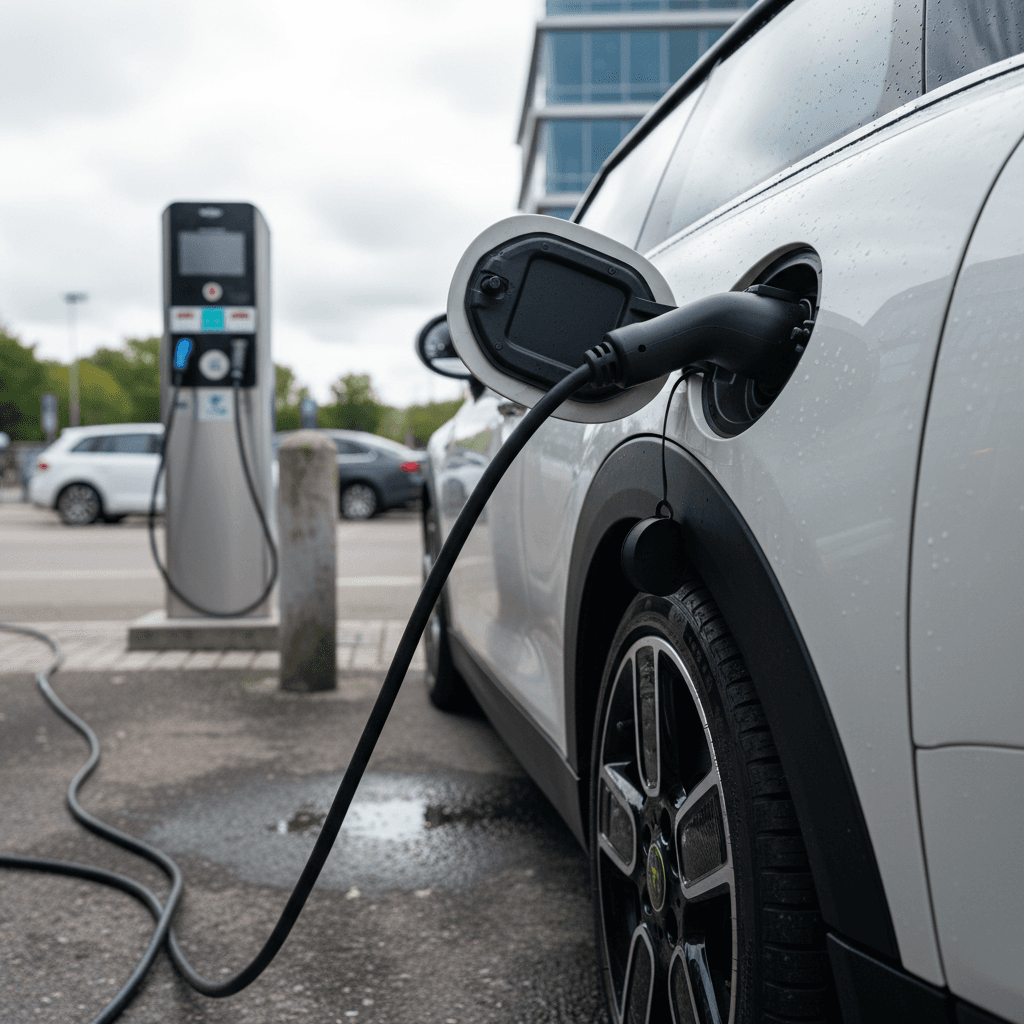 Mini Cooper SE plugged into a public charging station highlighting its value as a city EV