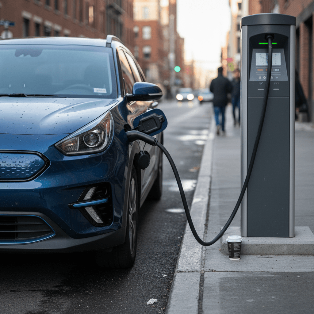 Blue 2020 Kia Niro EV plugged into a DC fast charger in a city parking lot