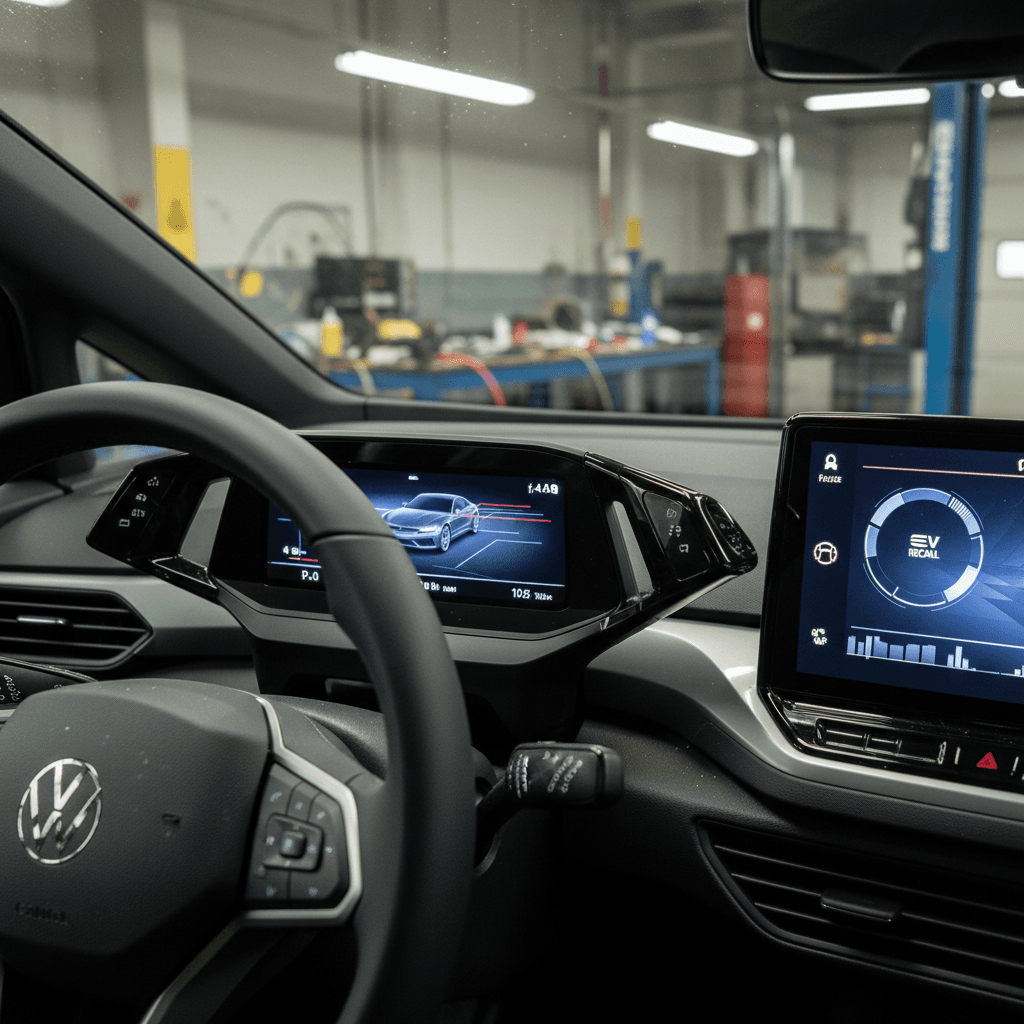 Volkswagen ID.4 digital cockpit and center display active while parked in a service bay