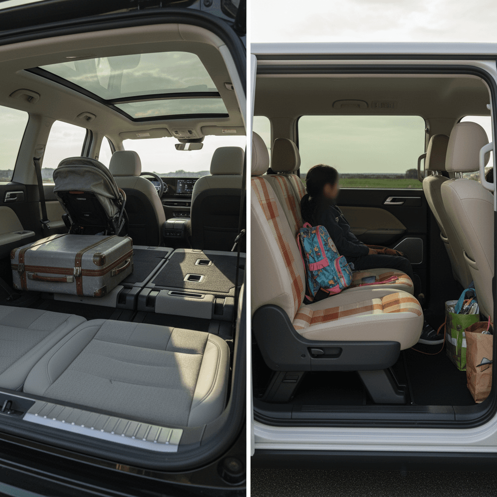 Side-by-side interior comparison of Kia EV9 SUV and Volkswagen ID. Buzz van showing three rows of seating and cargo area