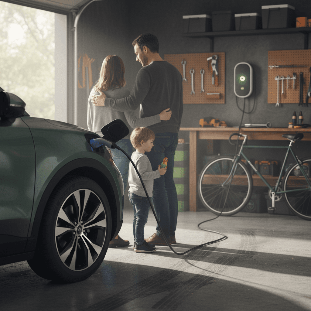 Family charging an electric vehicle overnight in a home garage