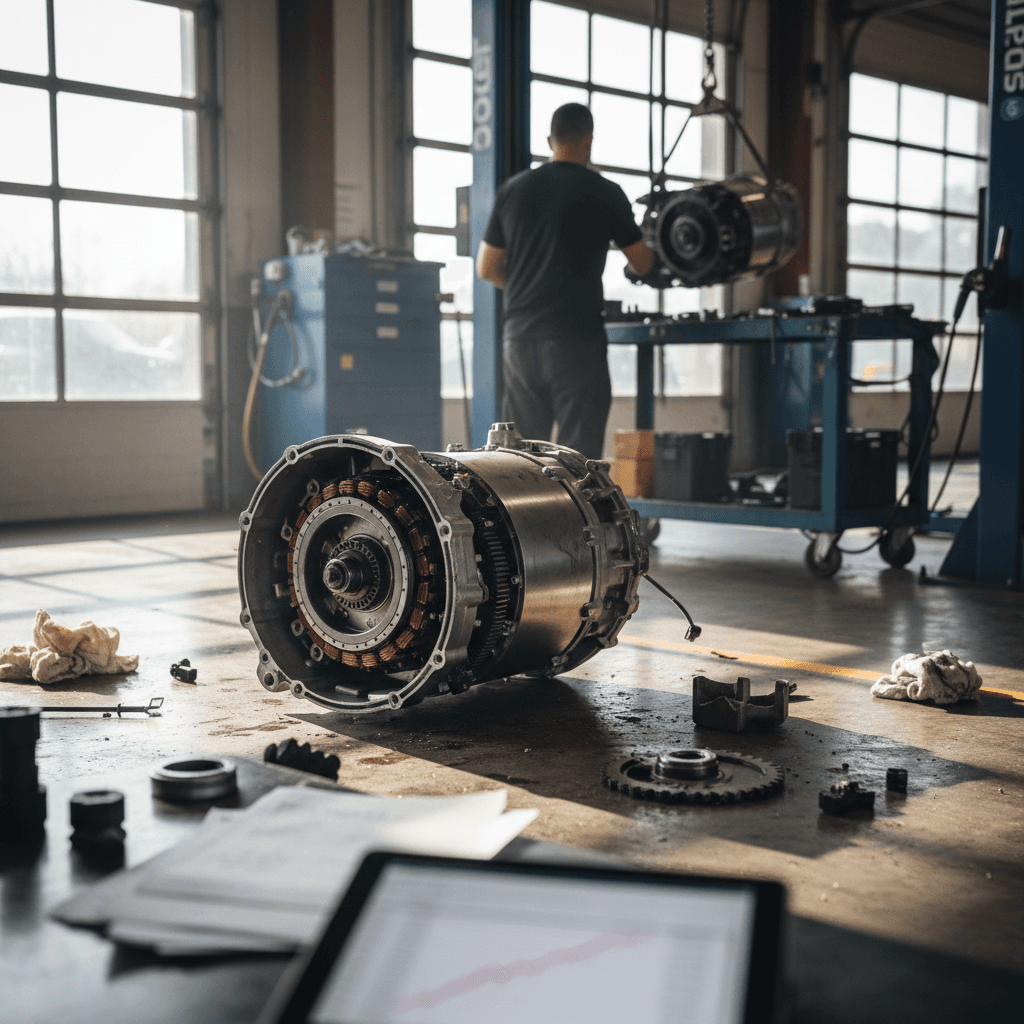 Tesla Model S rear drive unit and suspension components visible on a service lift