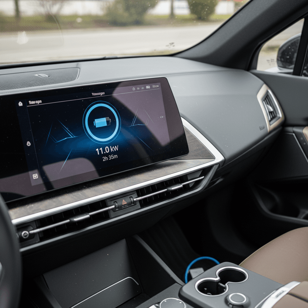 Close-up of BMW iX charging screen showing charging power, state of charge, and remaining time